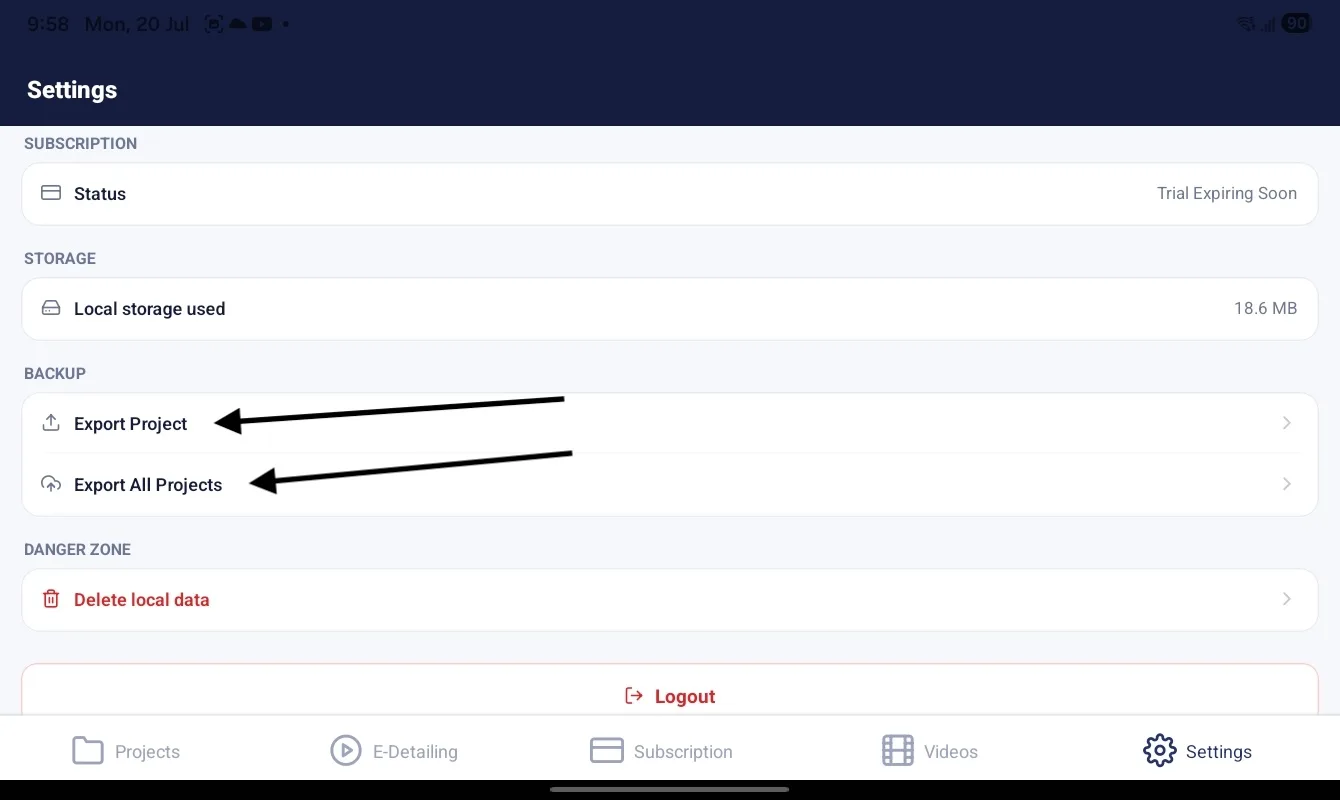 Easy E-Detailing one-click project export and restore screen