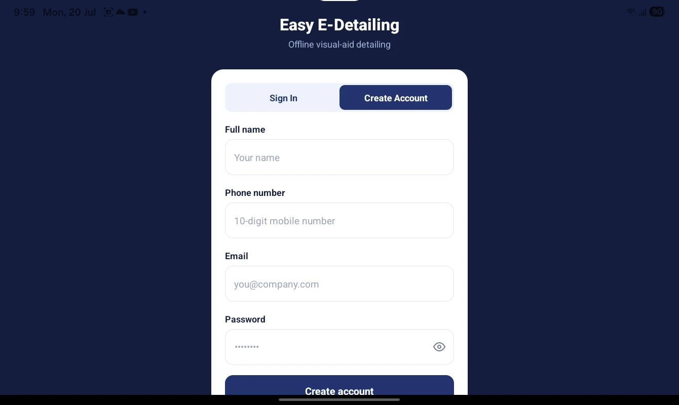 Easy E-Detailing secure account registration and sign-in screen