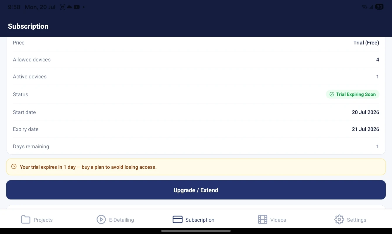 Easy E-Detailing subscription and device management screen